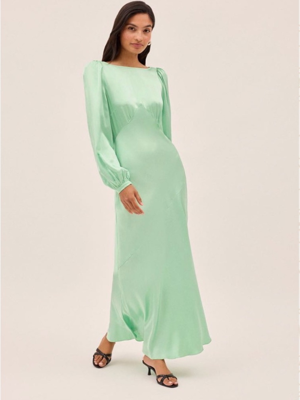 Satin Long-Sleeve Maxi Dress in Mint